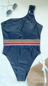 Traje de baño de una pieza con un solo hombro y anillo en O de patchwork